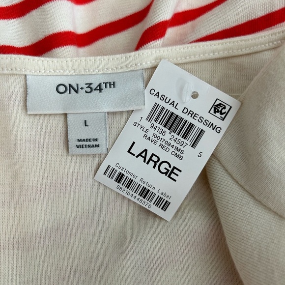 NEW On 34th Striped Casual Jersey Knit Dress Large Ivory & Red Striped Coastal - Picture 7 of 8